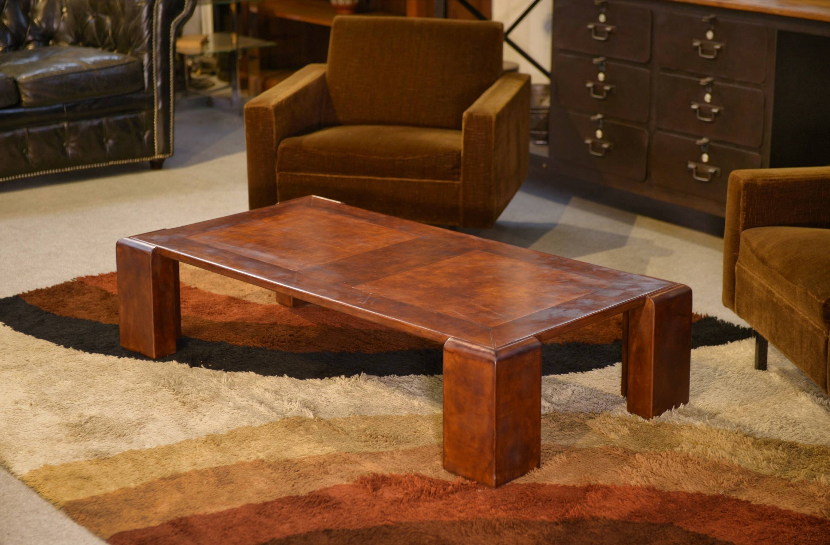 Patinated leather coffee table from the 1950s.