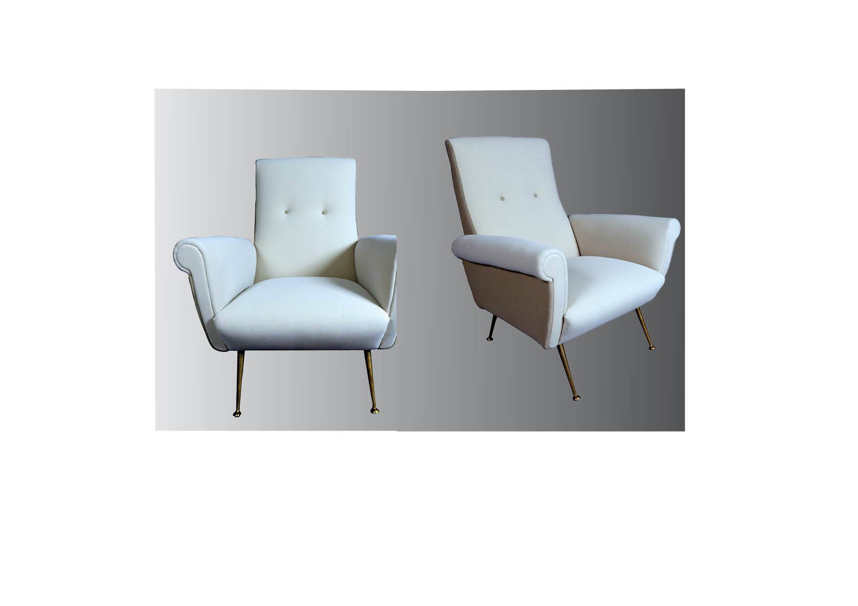 Pair of low armchairs in brass and textile. Italy 1950s