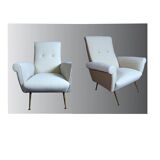 Pair of low armchairs in brass and textile. Italy 1950s