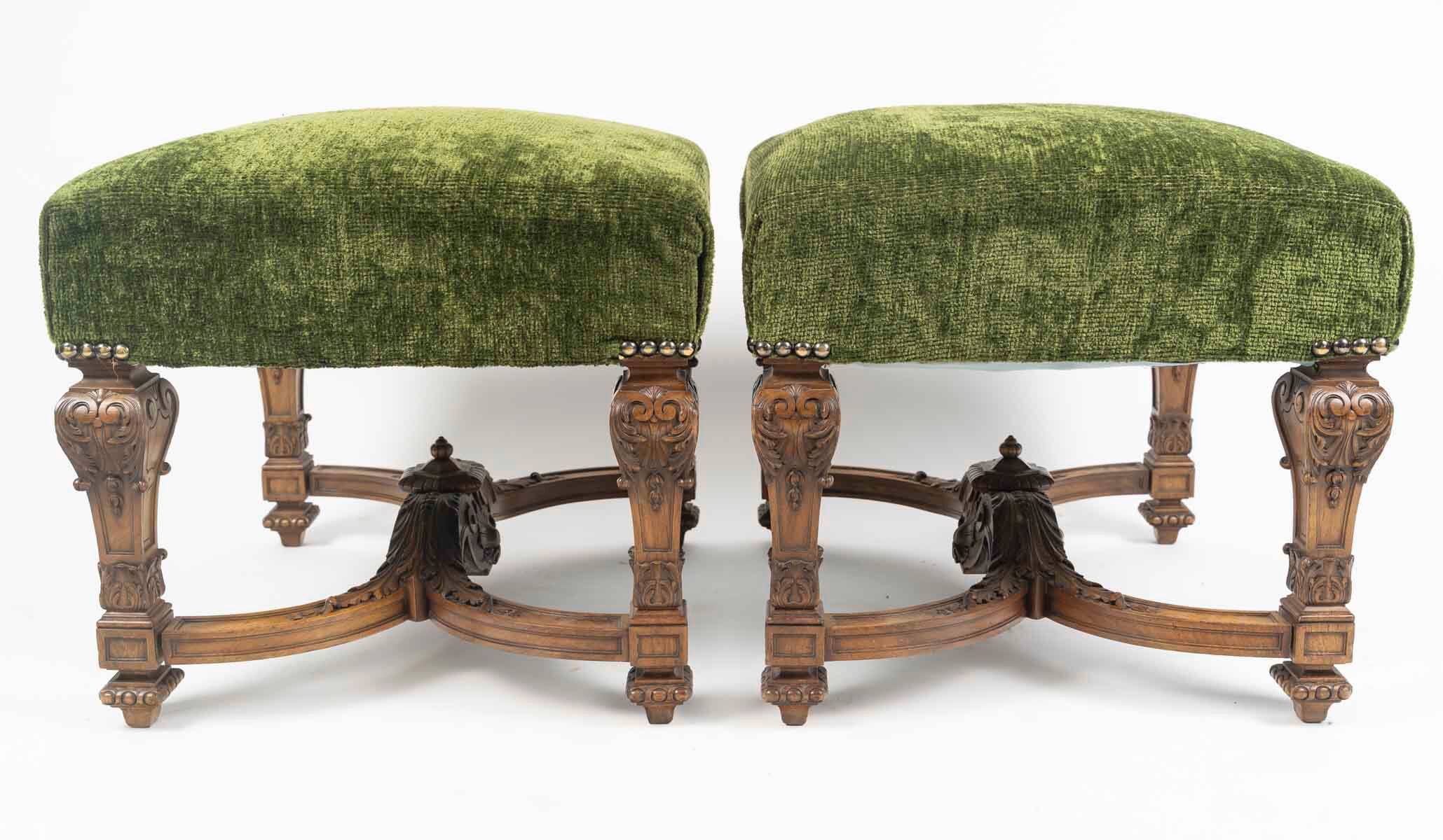 Important Pair of Sculpted Walnut Stools, Louis XIV Style