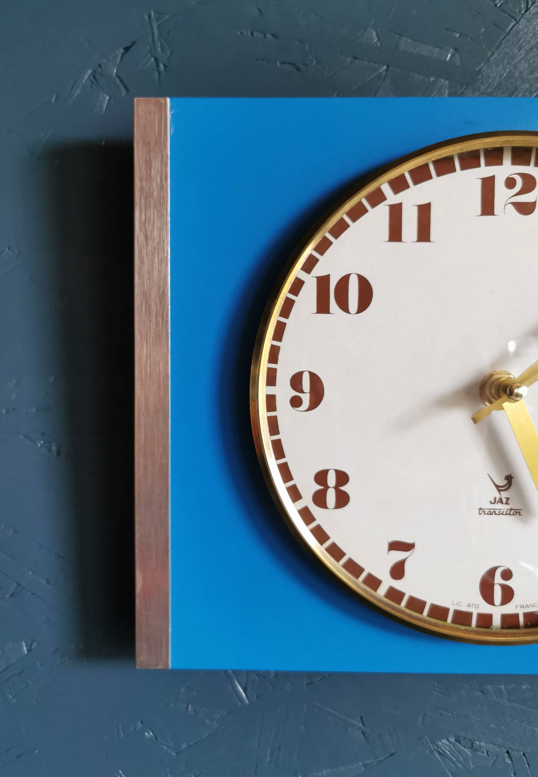 Vintage formica clock rectangular silent wall clock "Jaz golden blue"
