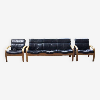 Canapé + 2 fauteuils danois Mathsson en bois courbé et cuir