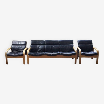 Danish mathsson sofa + armchairs curved wood and leather