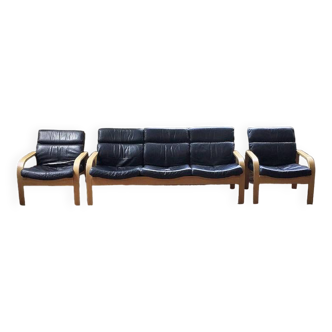 Danish Mathsson sofa + 2 armchairs in curved wood and leather