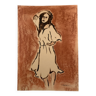 Signed painting in Indian ink and terracotta pastel, female portrait “light dress”
