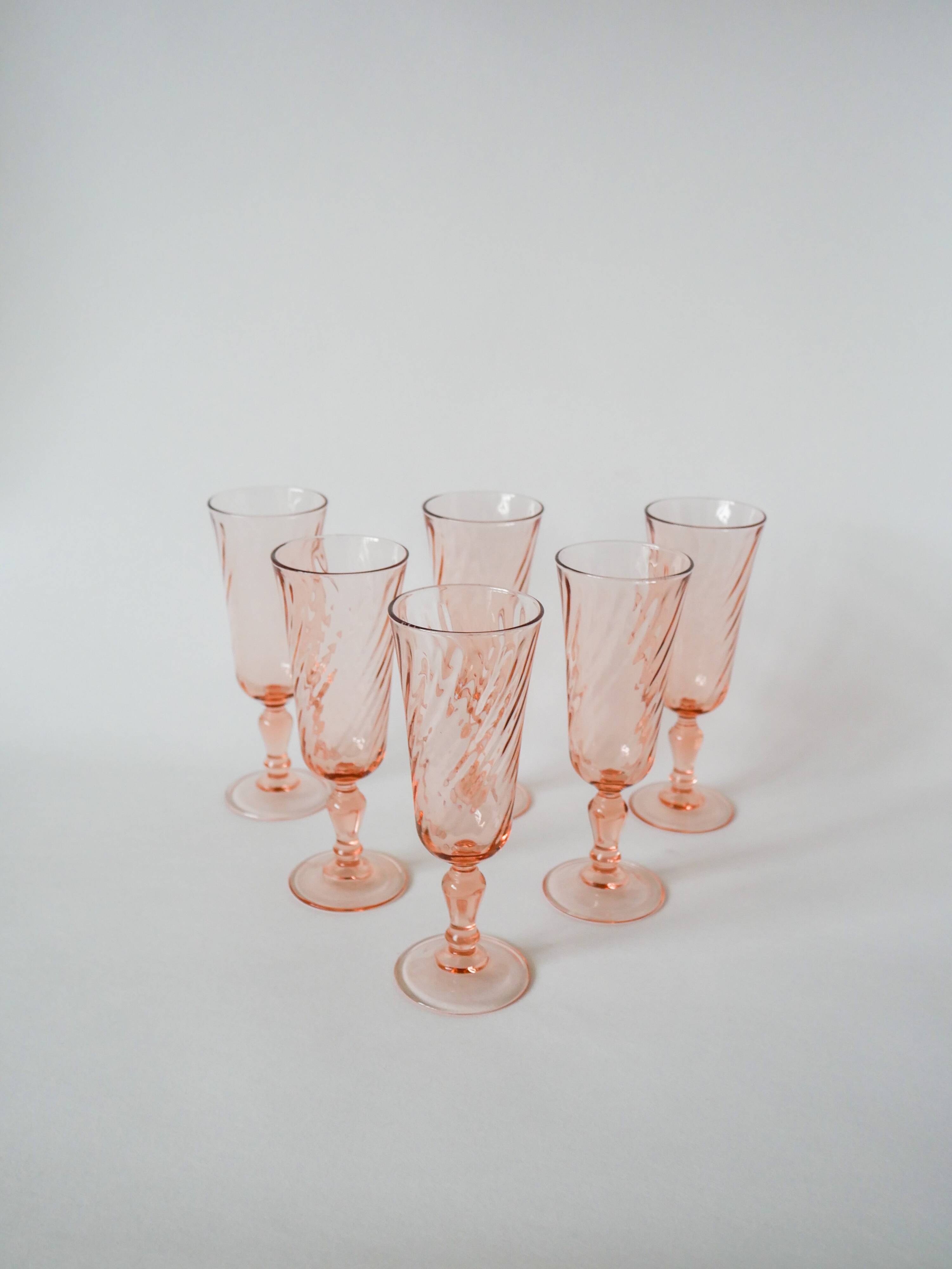 Lot of 6 rosaline champagne flutes 1970