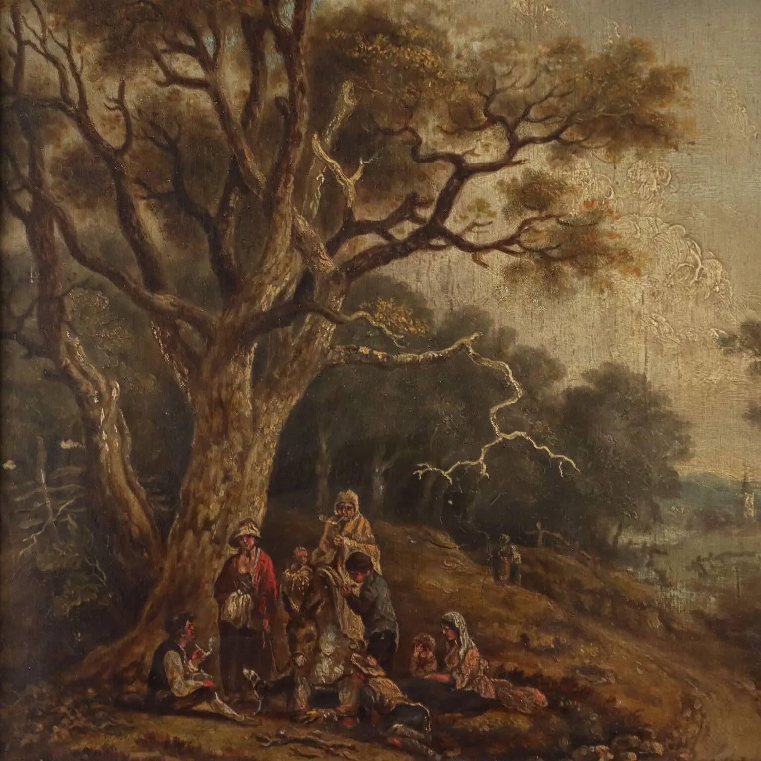 Peinture ancienne paysage avec voyageurs, huile sur panneau, '700
