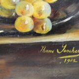 Jhane JONCHERY (19th~20th century) "Still life with flowers and fruits: peaches, grapes, plums"