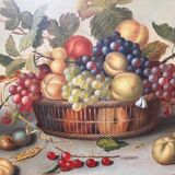 Still life painting of grapes and apples.
