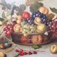 Still life painting of grapes and apples.