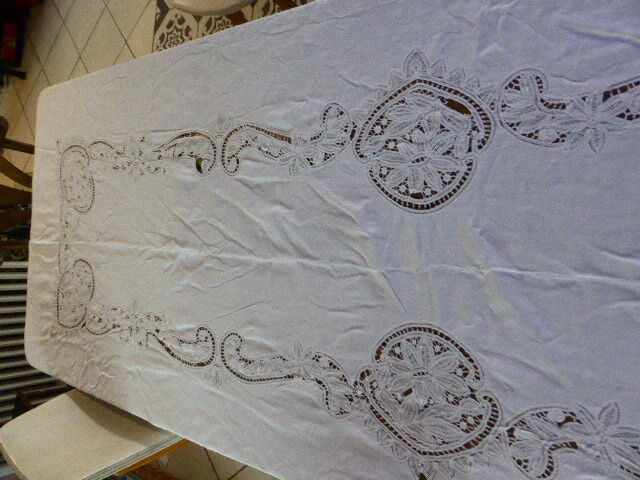 White tablecloth lace and embroidered linen, art deco, old