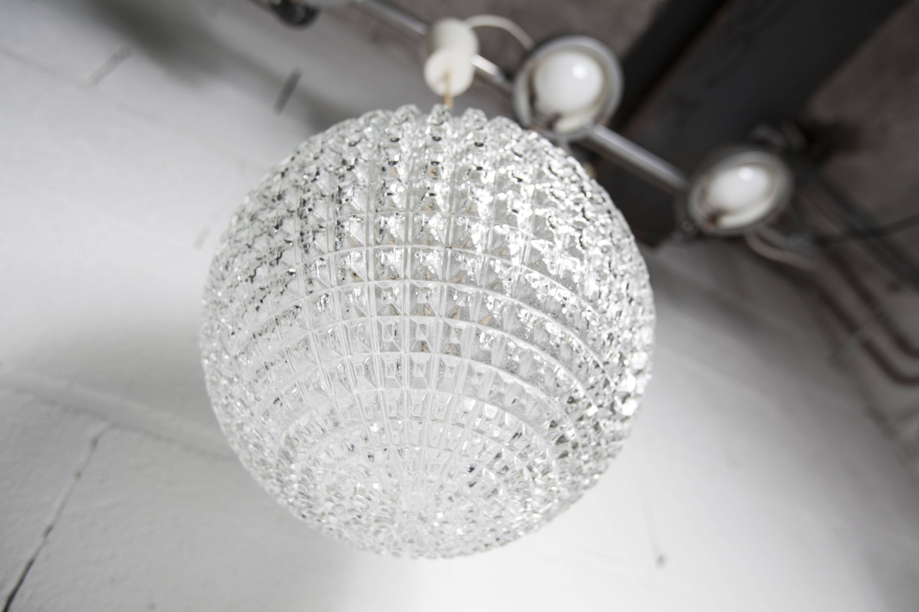 1960s Holophane Ball Pendant Chandelier, Thick Glass, 30 cm, and Vintage Brass