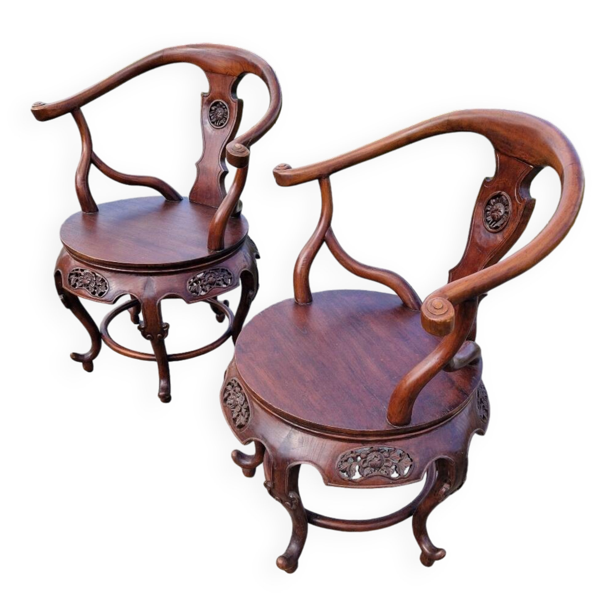 Pair of antique Chinese carved mahogany armchairs, circa 1960s