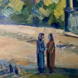 Peinture à l’huile suédoise vintage du milieu du siècle