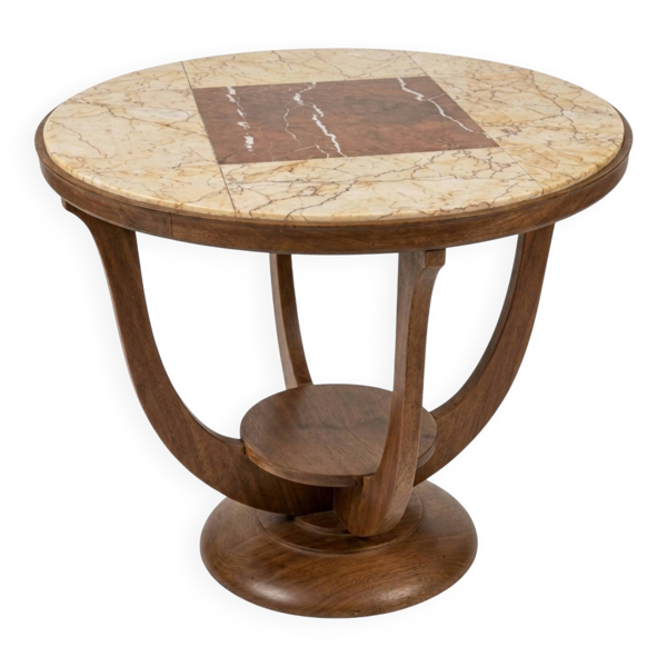 Guéridon, table d’appoint Art déco en marqueterie de marbre et bois