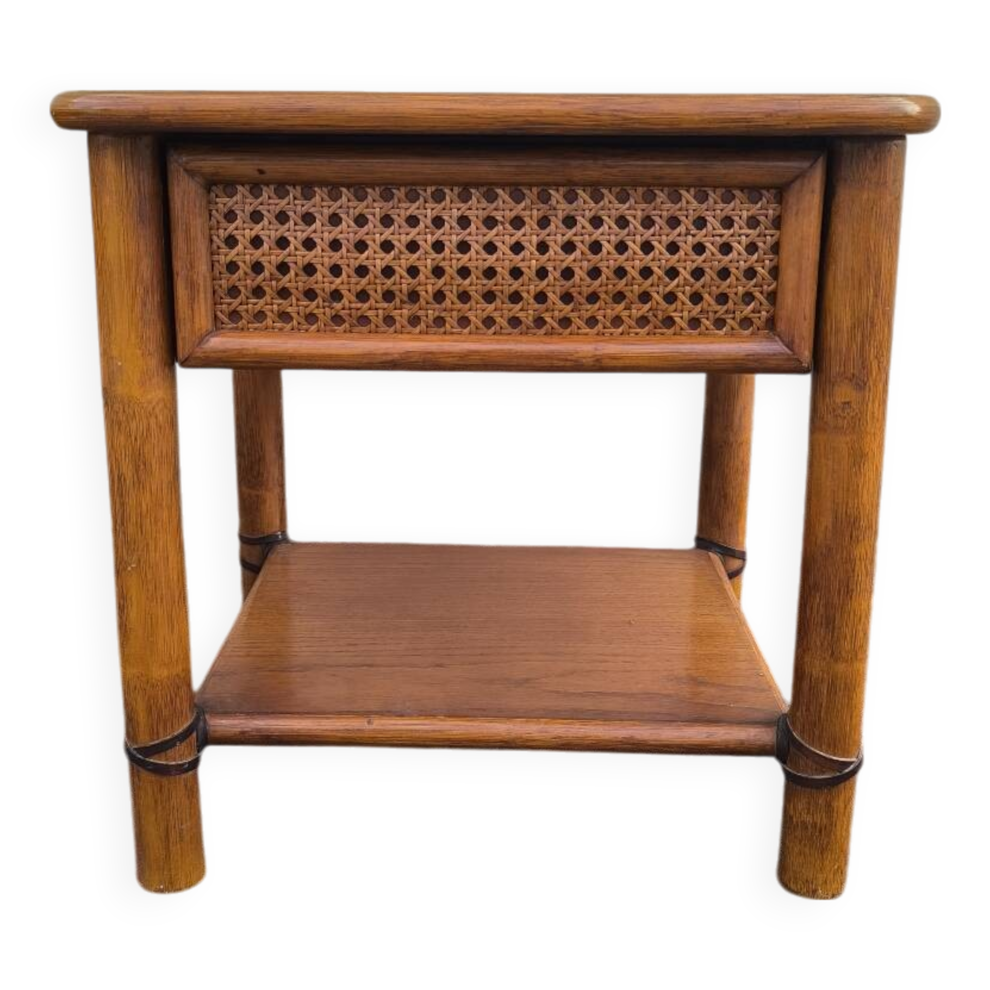 Pair of rattan and wood bedside tables from the 80s