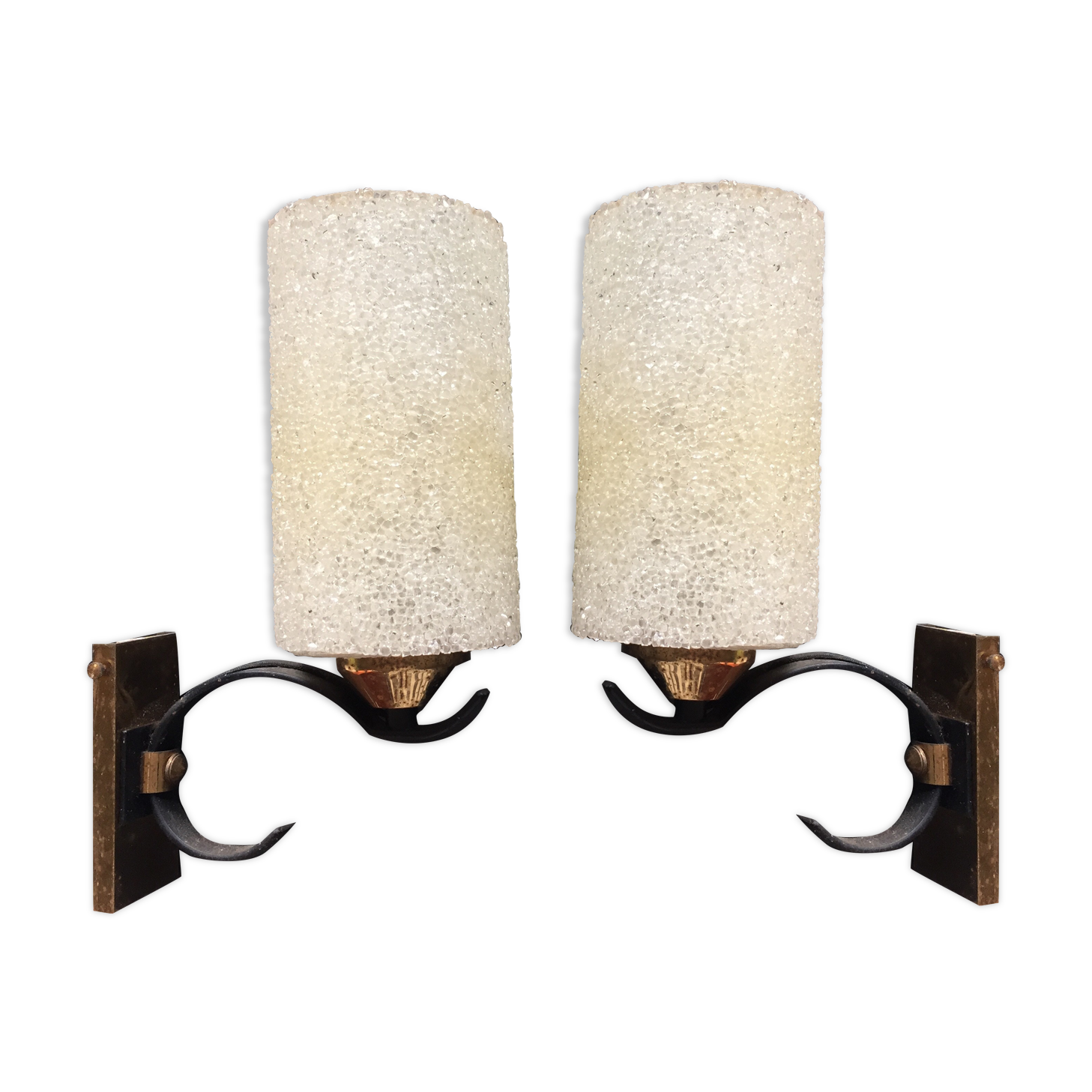 Pair of vintage wall lamps in pearl perspex and brass