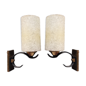 Pair of vintage wall lamps in pearl perspex and brass