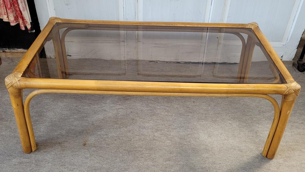Rattan coffee table and smoked glass, from the 70s