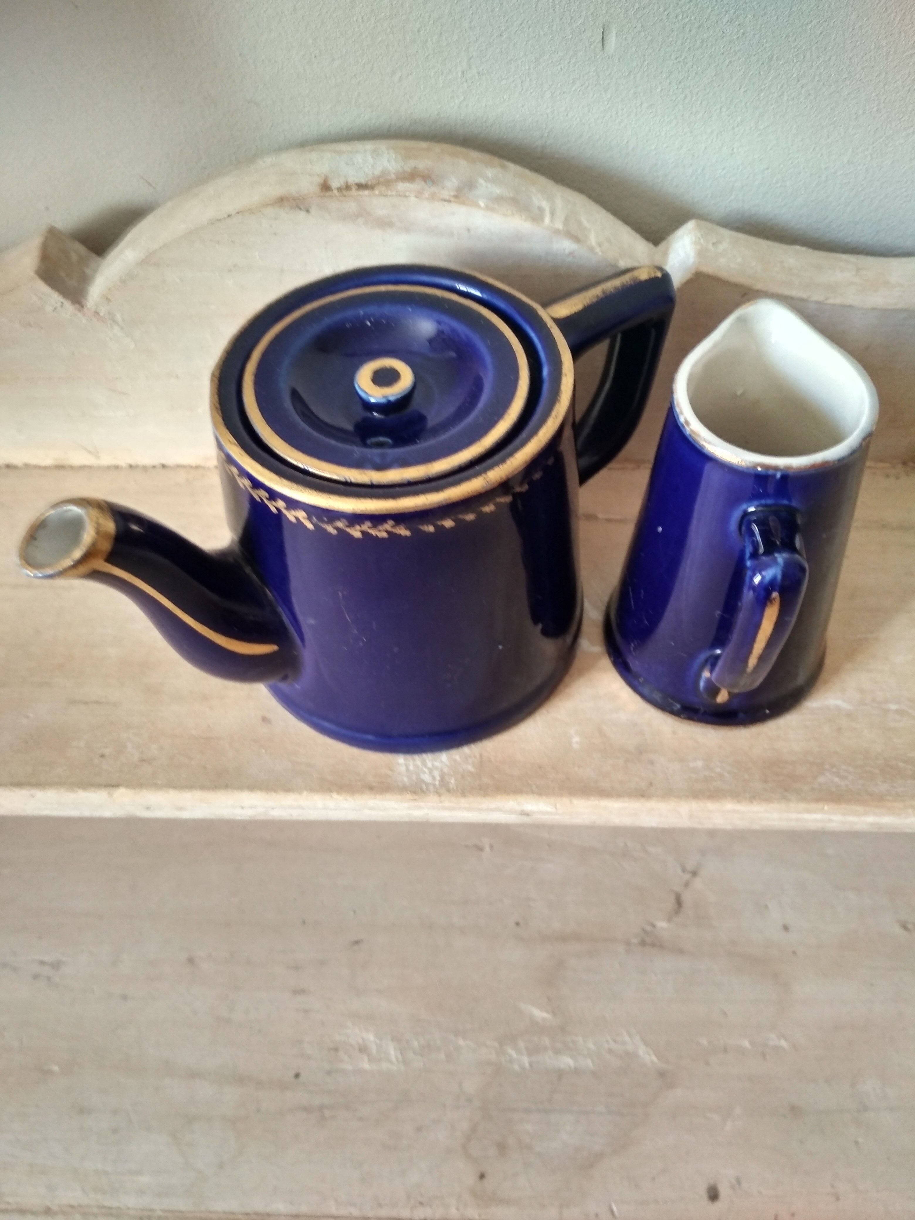 Small blue and gold teapot - milk pitcher - cobalt blue earthenware 1930