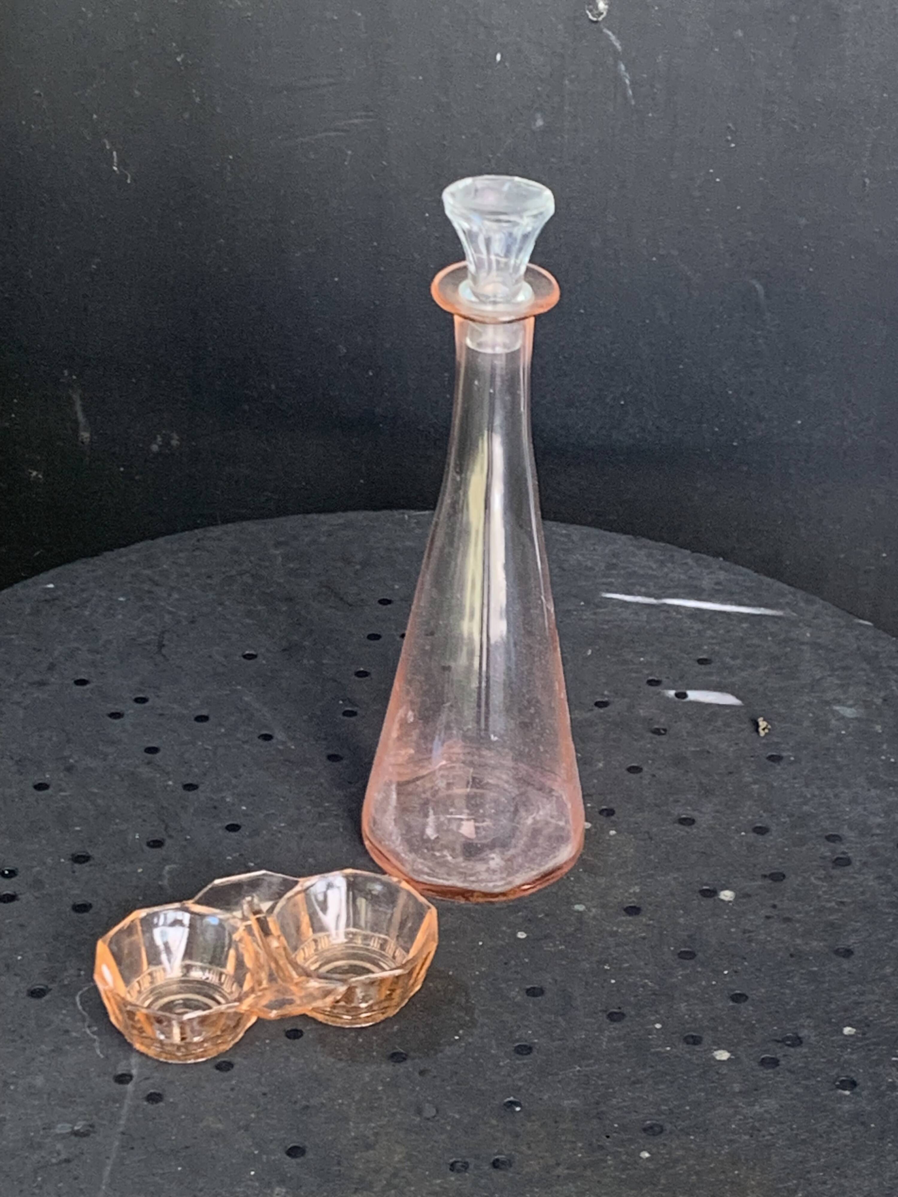 Vintage pink glass carafe and salt cellar