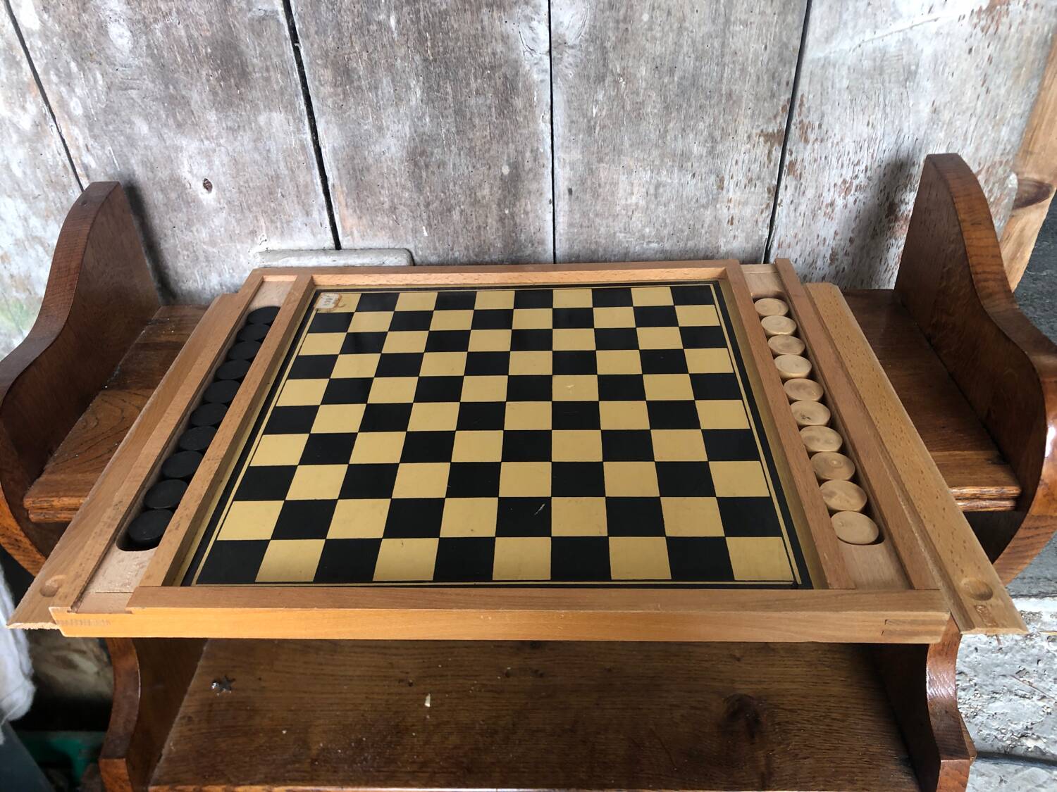 Old Vintage Wooden Double Game Board of Checkers & Small Horses #A782