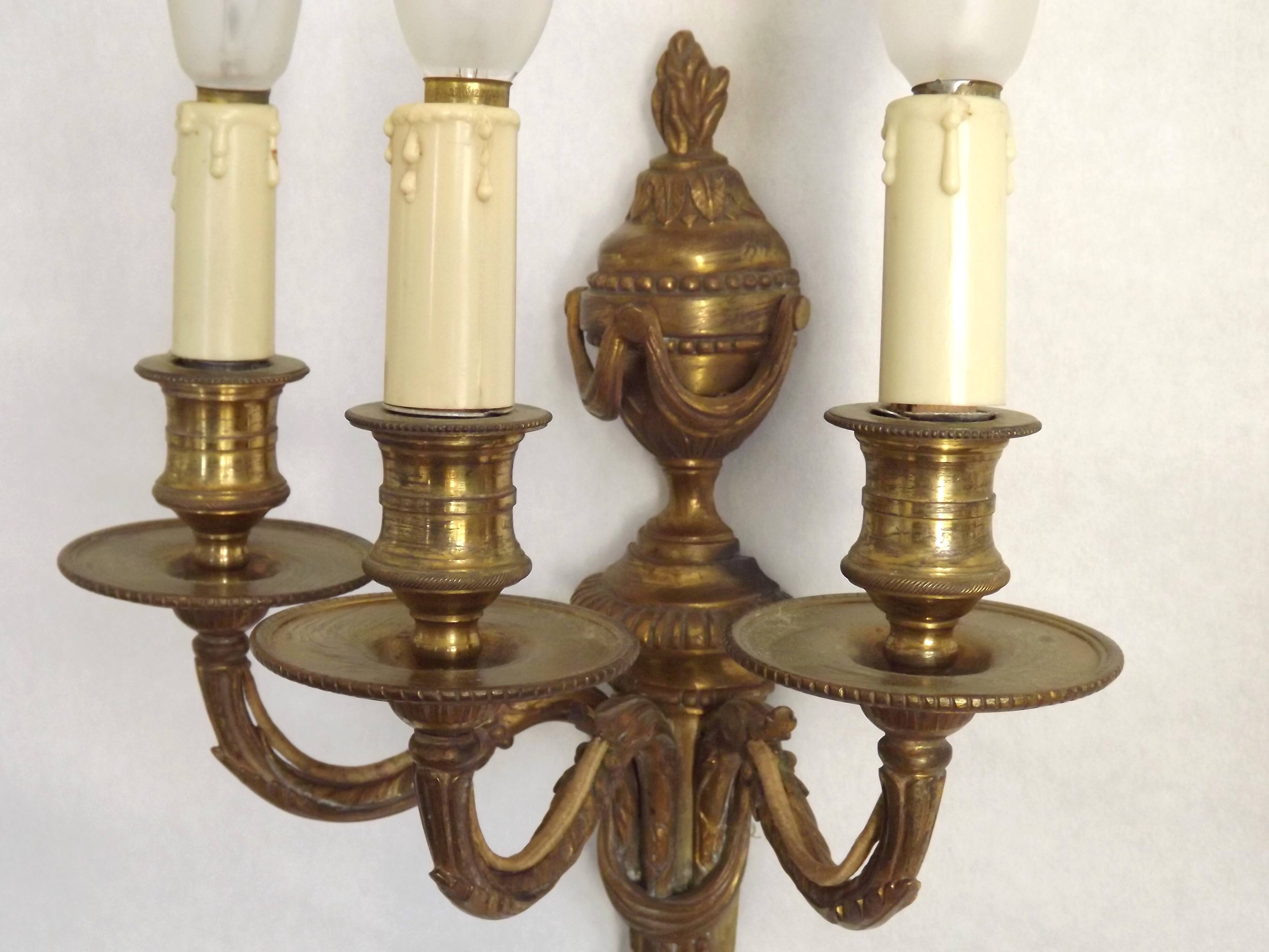 Magnificent Pair French Antique Bronze Triple Wall Lights Urn & Swag Detail