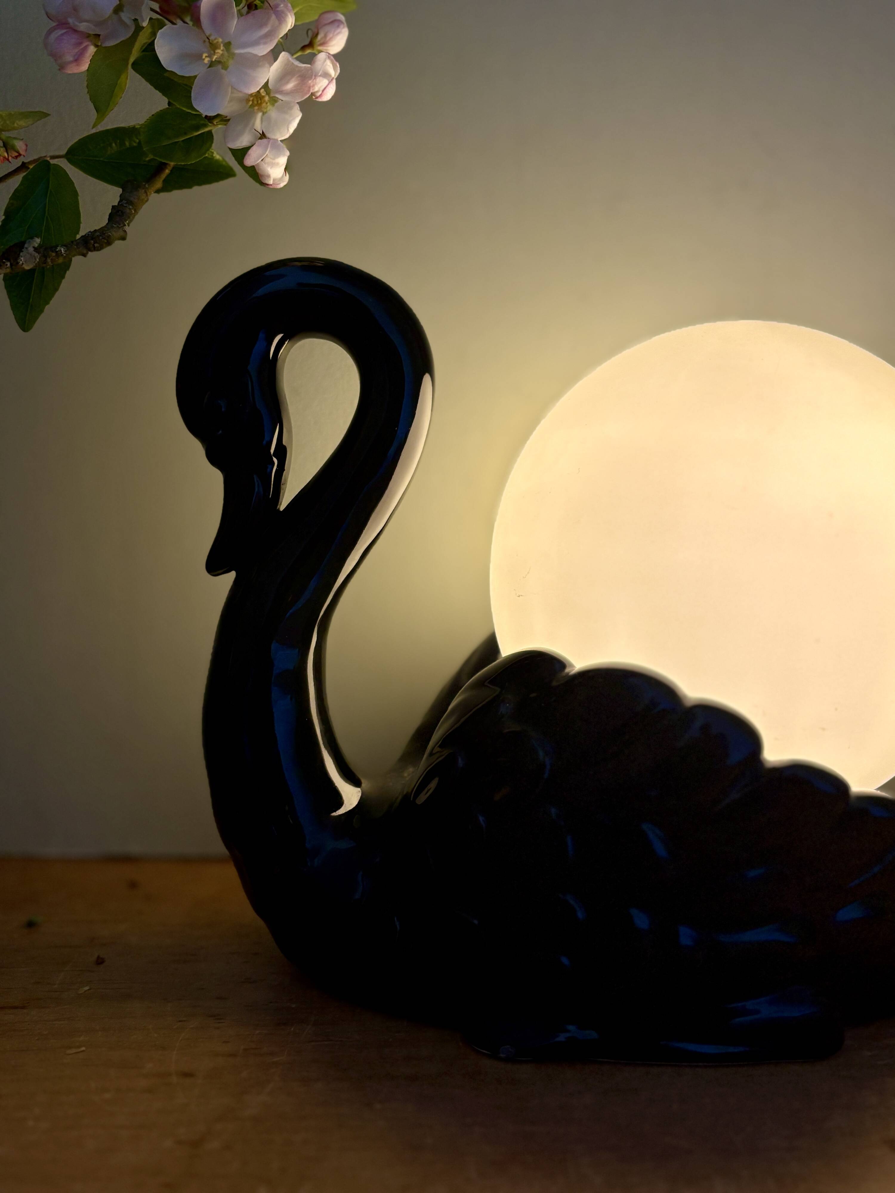 Vintage lamp, black ceramic swan and white opaline globe