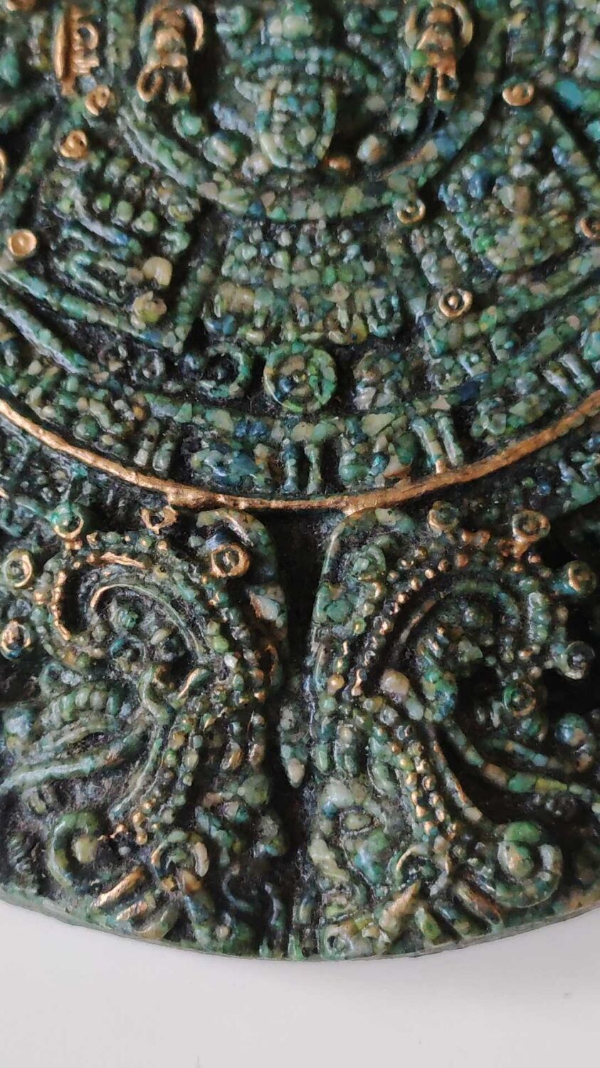 Aztec/Mayan wall solar mirror, in crushed Malachite stone, gold highlights