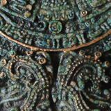 Aztec/Mayan wall solar mirror, in crushed Malachite stone, gold highlights
