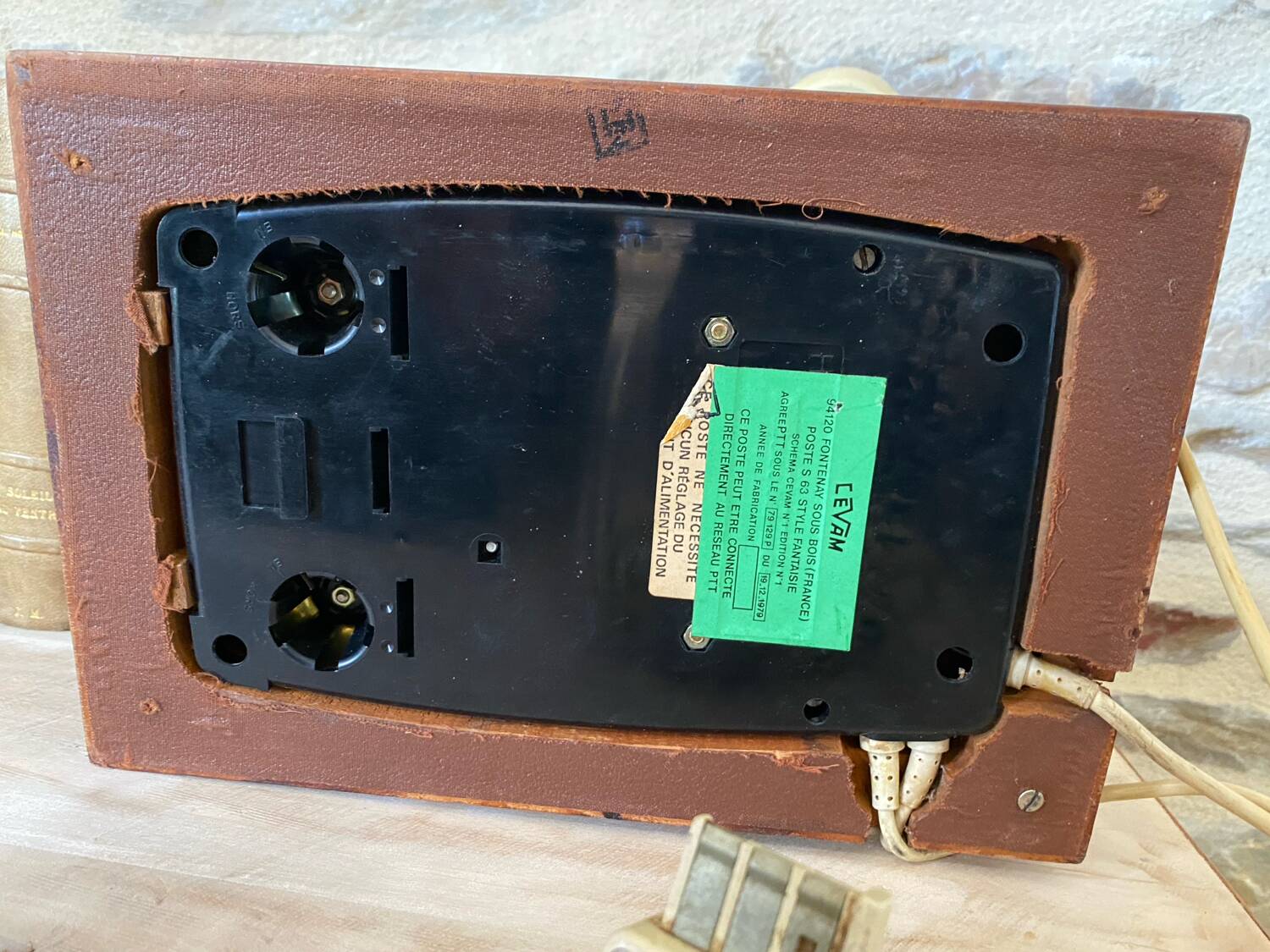 Vintage telephone leather wood brass