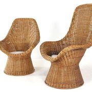 Set of 2 vintage rattan wicker armchairs with white teddy fabric