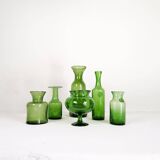 Mid-century modern collection of six green vases by Erik Hoglund, Sweden, 1960s.
