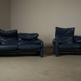 Two Cassina Maralunga two-seat sofas in blue leather by Vico Magistretti, Italy