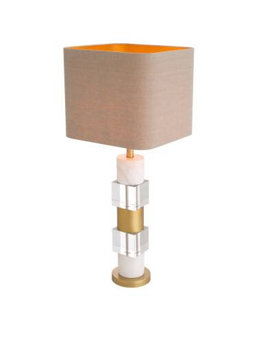 Pair of table lamps in patinated brass, white marble and crystal.