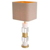 Pair of table lamps in patinated brass, white marble and crystal.