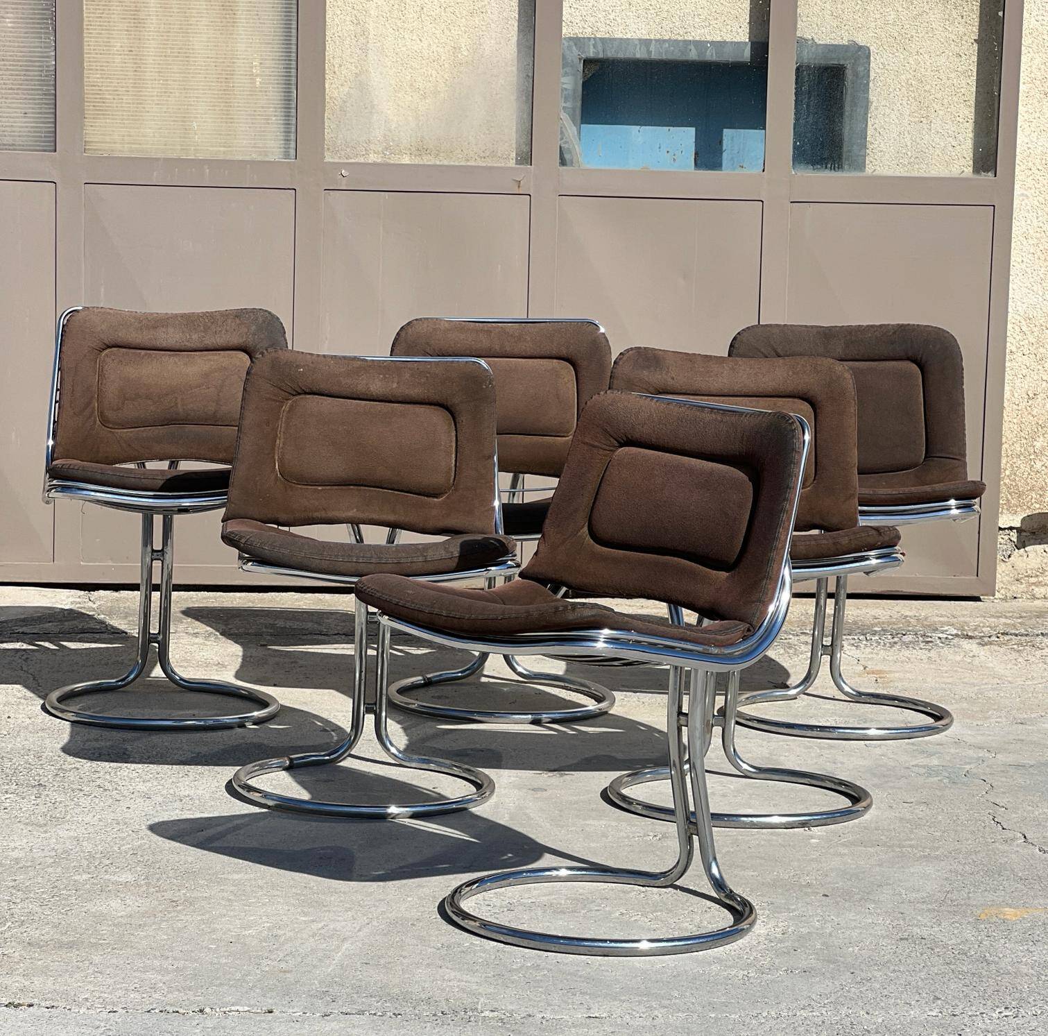 Set of 6 vintage Gastone Rinaldi style chrome steel chairs