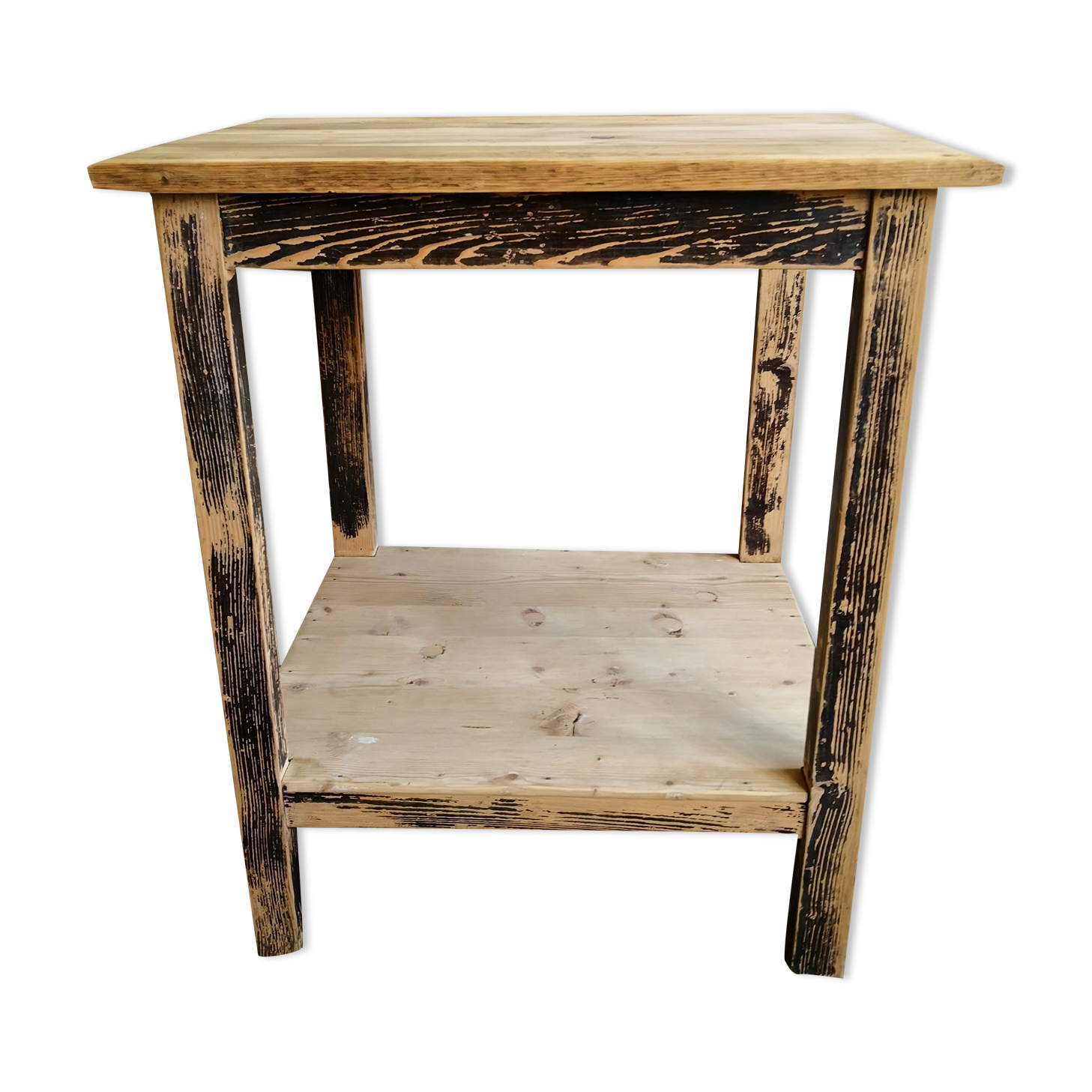 Vintage wooden side table, entrance console, square pedestal table 2 floors.