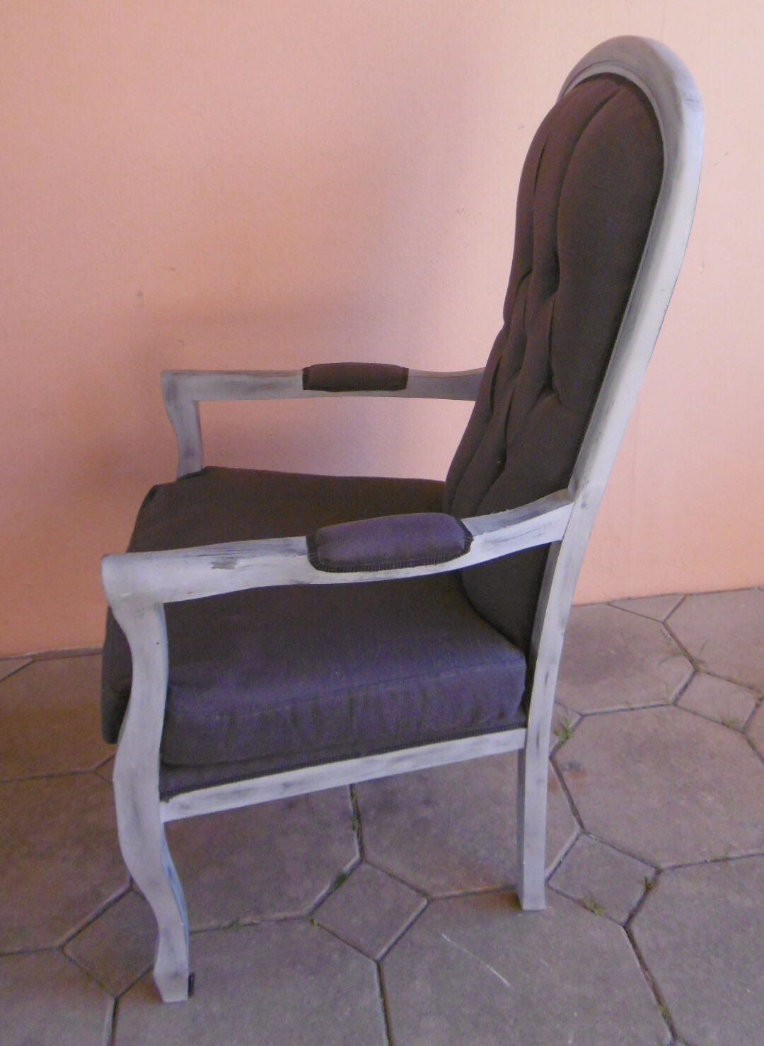 GREY PATINATED VOLTAIRE ARMCHAIR AND ANTHRACITE FABRIC