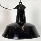 Industrial Black Enamel Factory Lamp with Cast Iron Top, 1950s