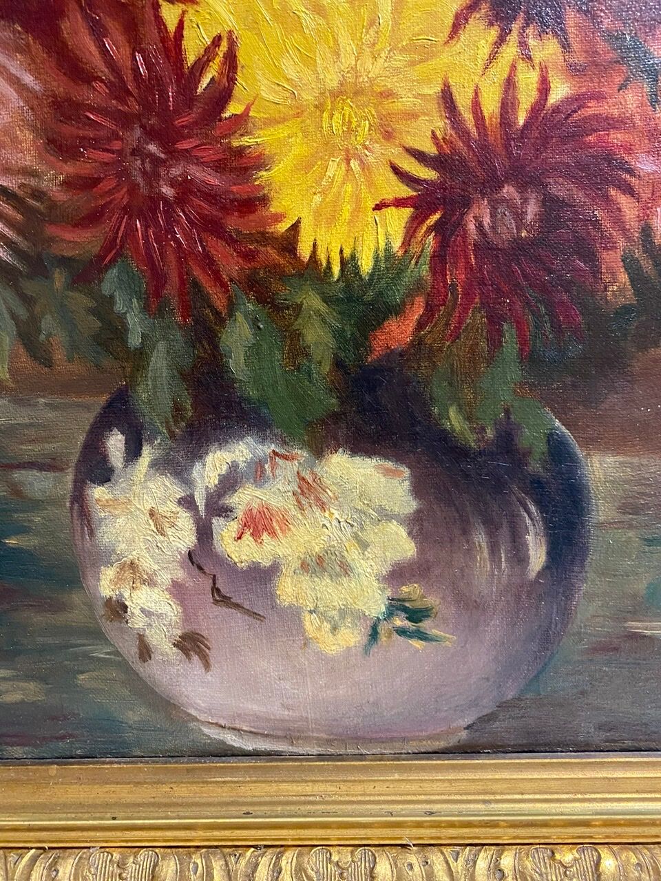 Old painting, still life with Dahlias, signed E Boudet late nineteenth century.