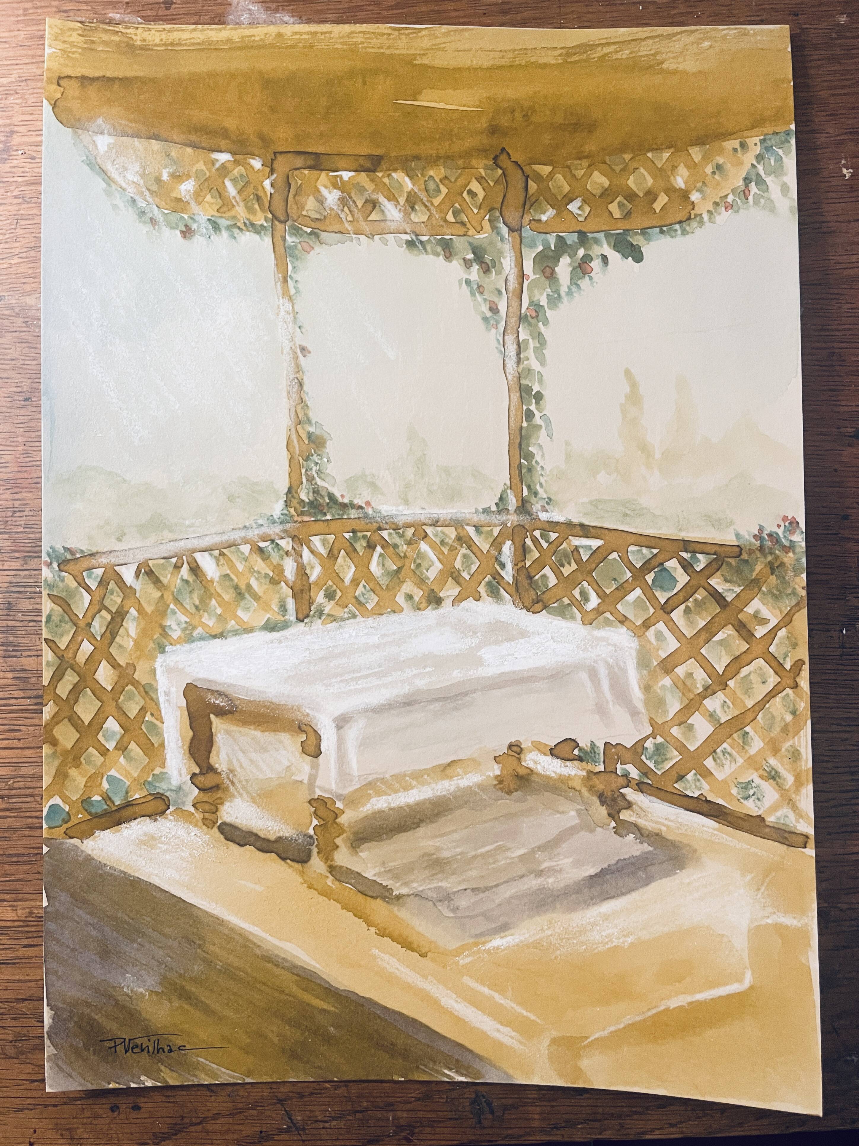 Signed watercolour painting "Provençal table under the arbor"