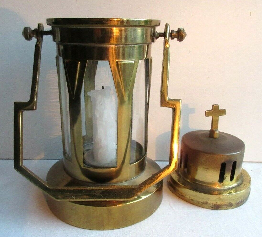 Art Deco religious object, Old procession lantern, glass and gilded brass
