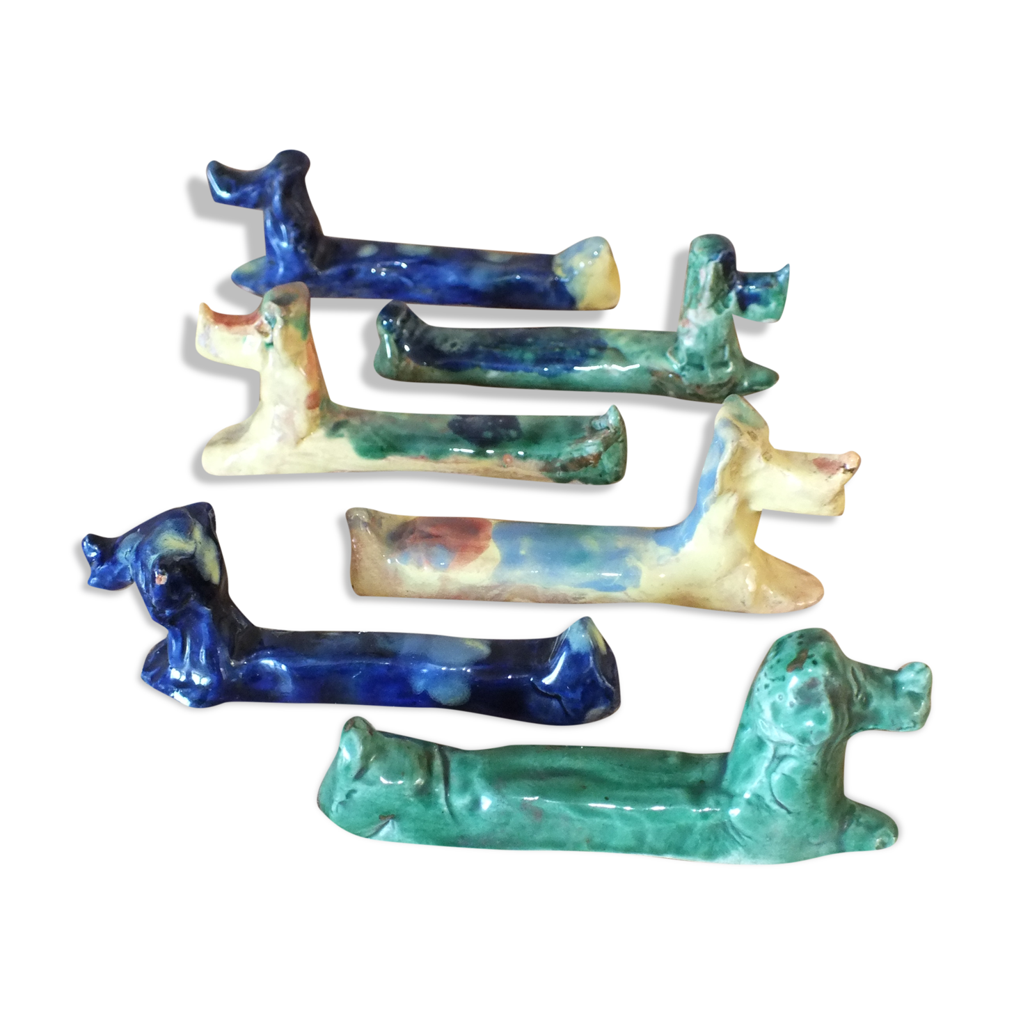 6 knife-wielding colorful ceramic dogs 60s