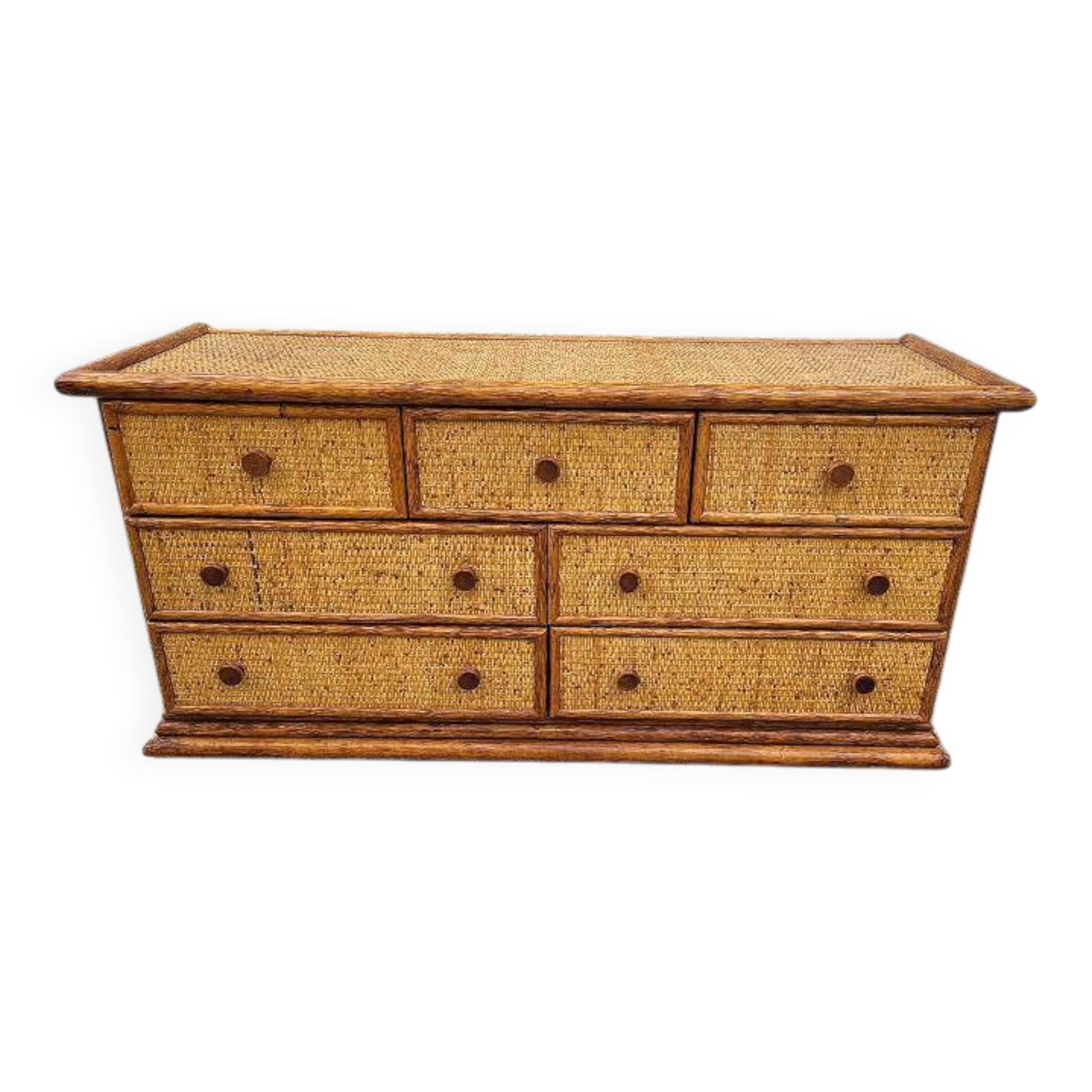 Vintage maugrion rattan 7-drawer chest of drawers