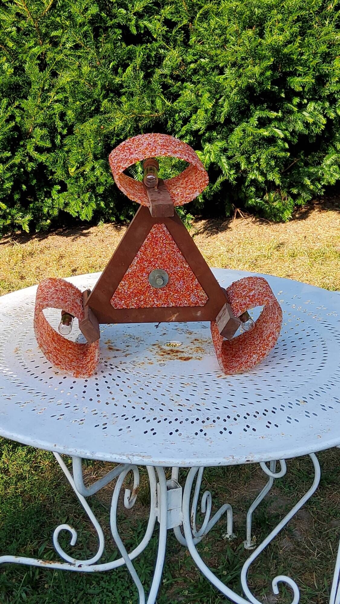 70s Scandinavian style chandelier in wood and orange granite resin 3 lights