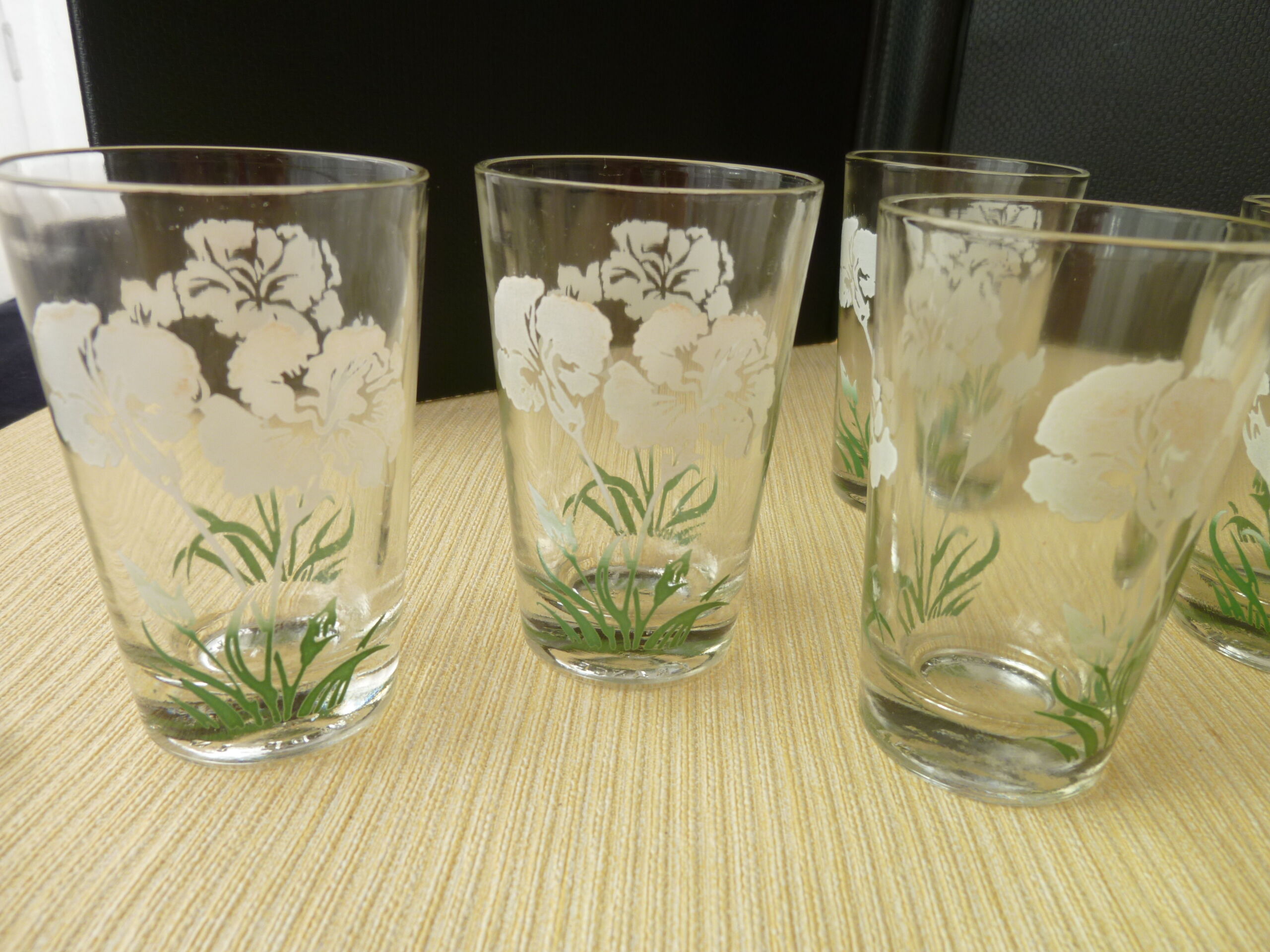 Set of 5 old glasses cups screen-printed décor signed SN Souchon Neuvesel