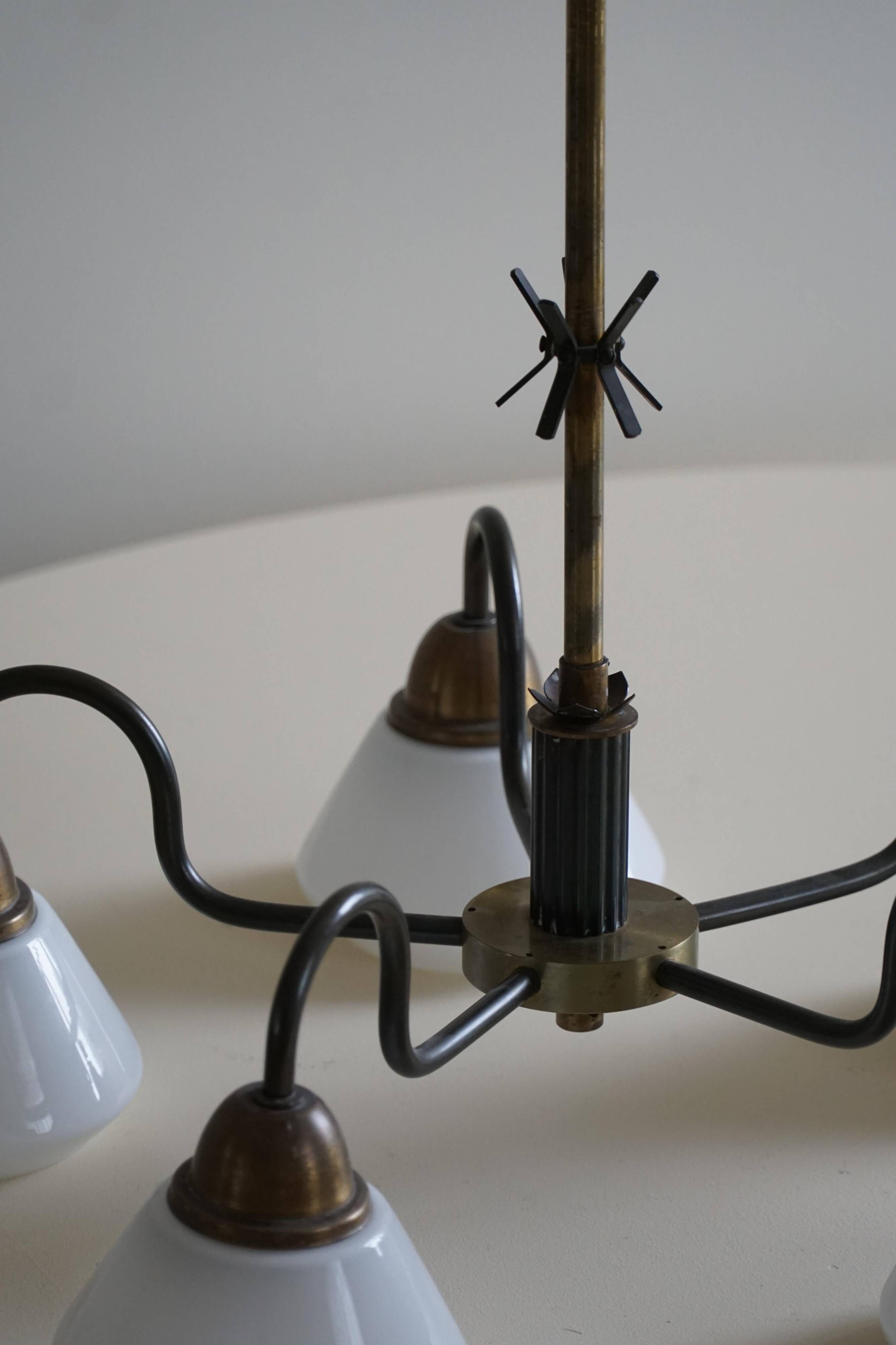 A modern Danish chandelier with 5 heads in opaline glass and brass, Art Deco, 1940s.