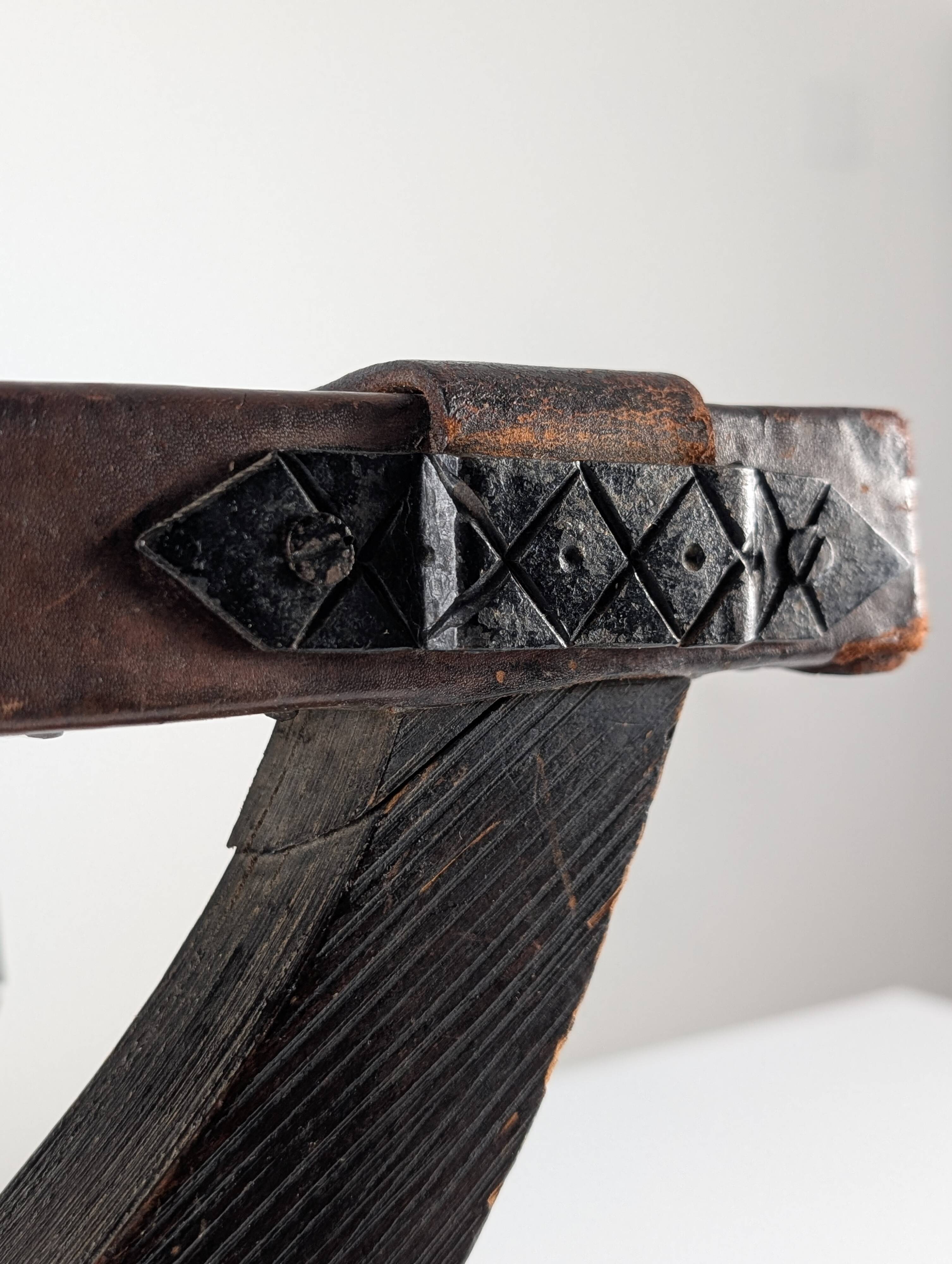 Colonial Curule Stool in Leather and Wrought Iron, Mexico, 1940s
