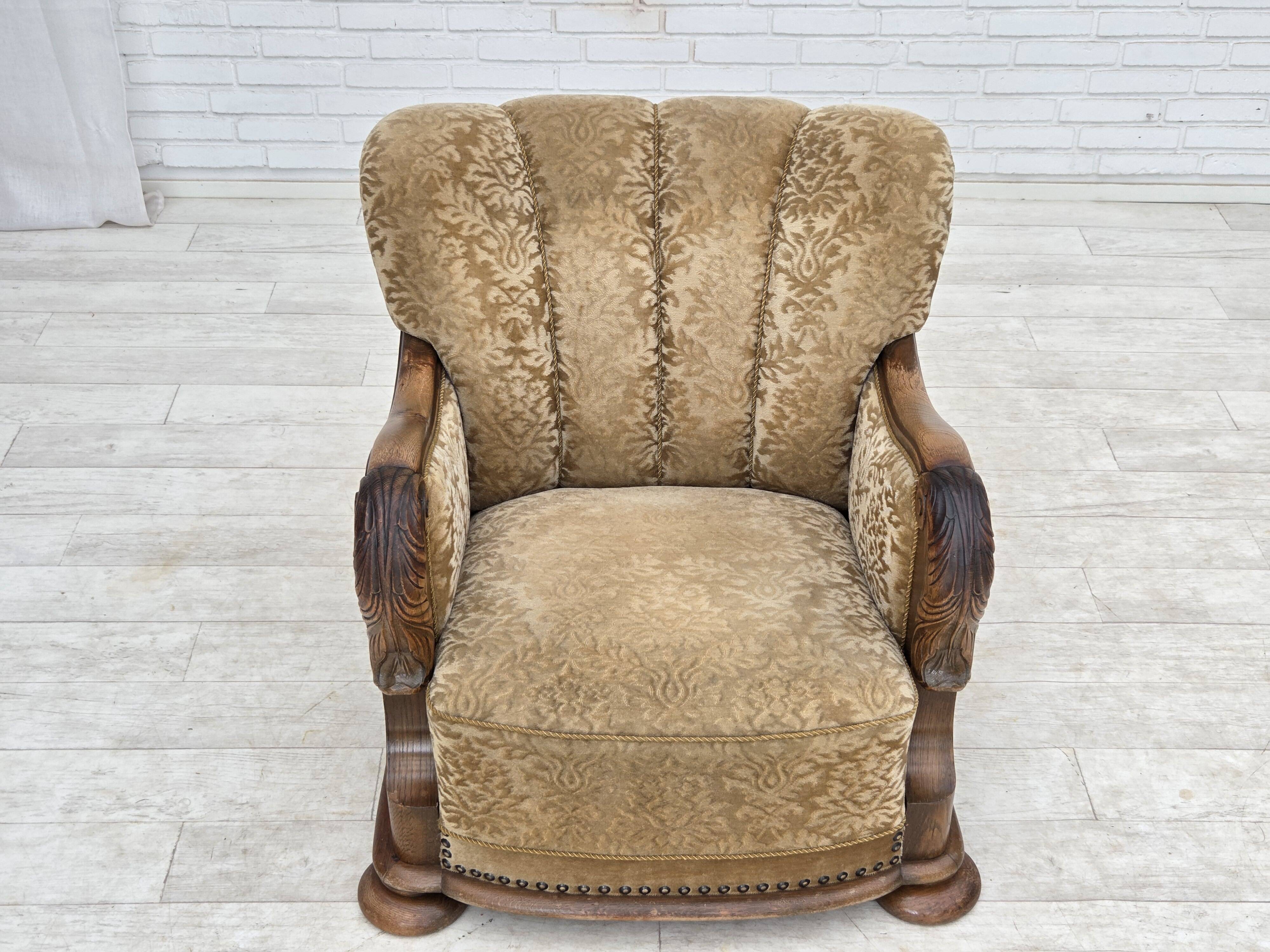 1950s, Danish relax armchair, furniture velour, carved oak wood.